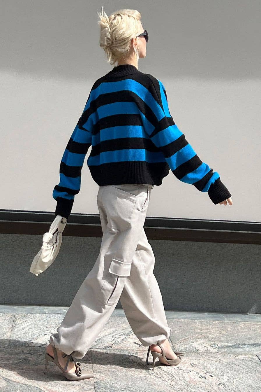 COLOR CONTRAST V-NECK DESIGN SENSE KNIT CARDIGAN