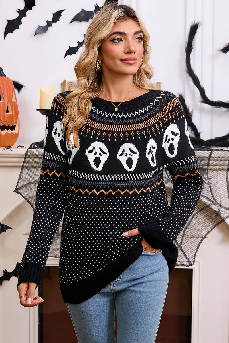 CWOSWL07357_LOOSE HALLOWEEN SKULL JACQUARD CREWNECK SWEATER