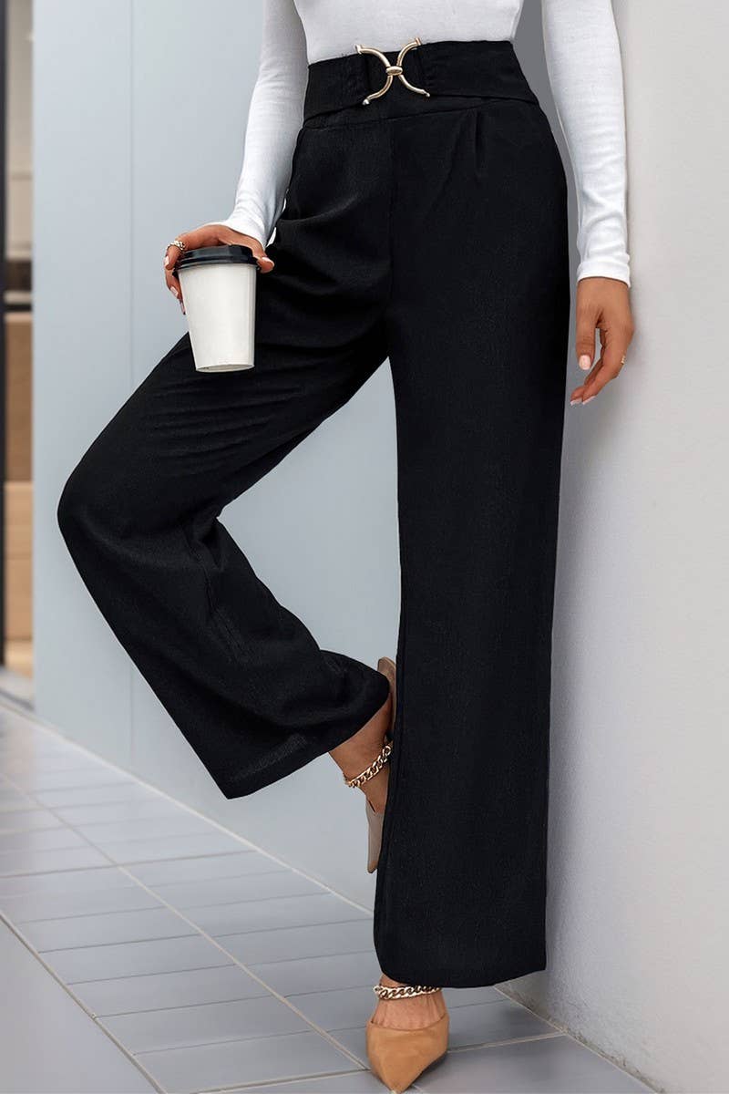 CWBLP0921_SOLID COLOR BUCKLED HIGH WAIST STRAIGHT PANTS