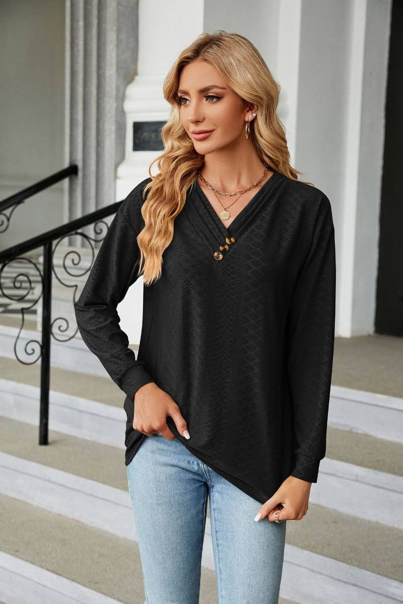 CWTBLL2802_FALL V-NECK BUTTON-UP LONG-SLEEVED TOP