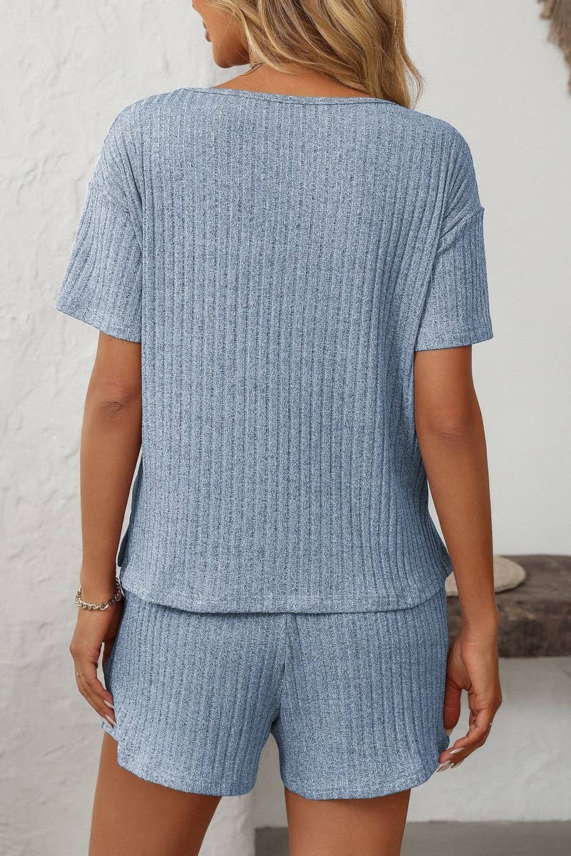 CWSTB1663_SOLID COLOR STRIPED SHORT-SLEEVED HOME WEAR SUIT