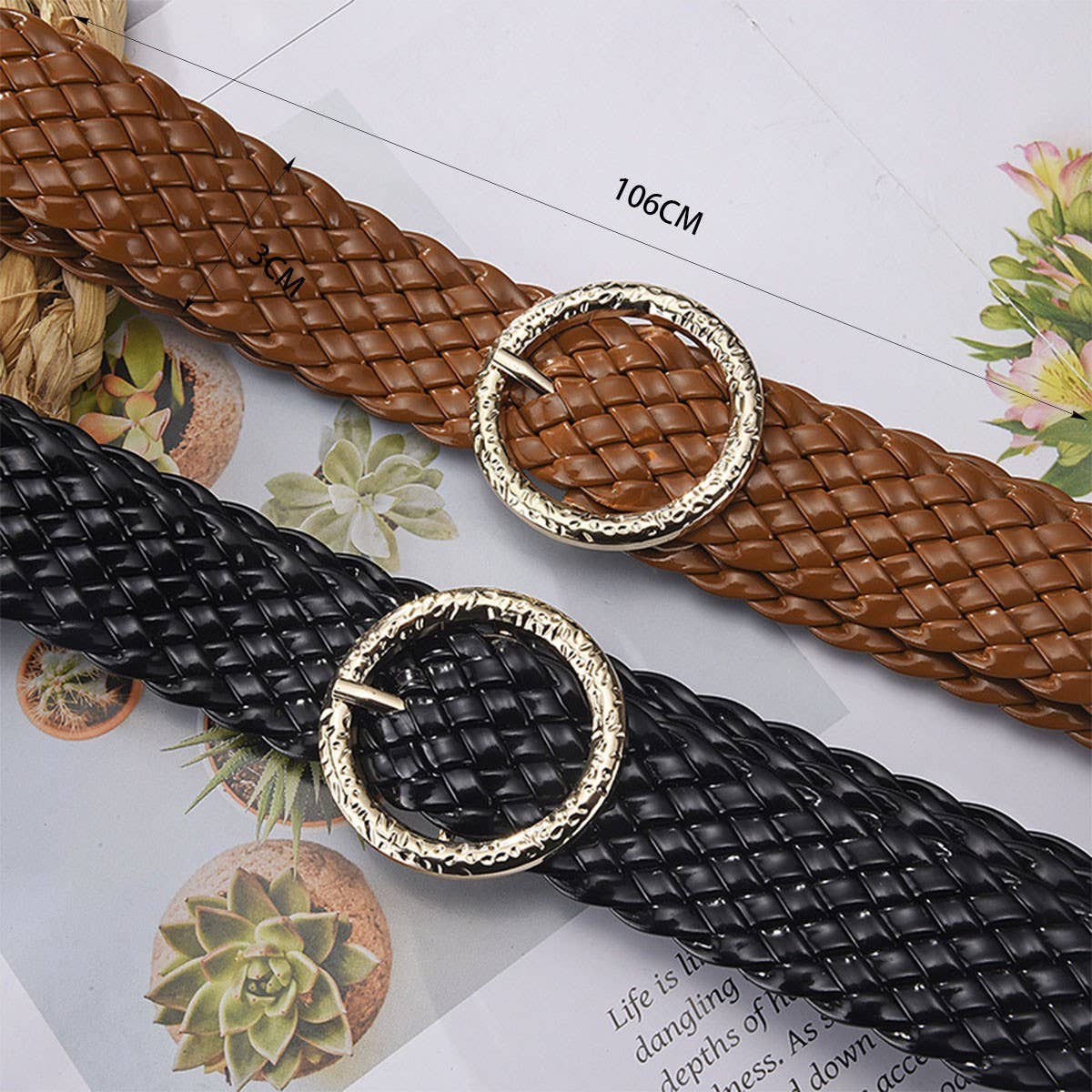 METAL ROUND BUCKLE PATENT LEATHER BRAIDED WIDE BELT