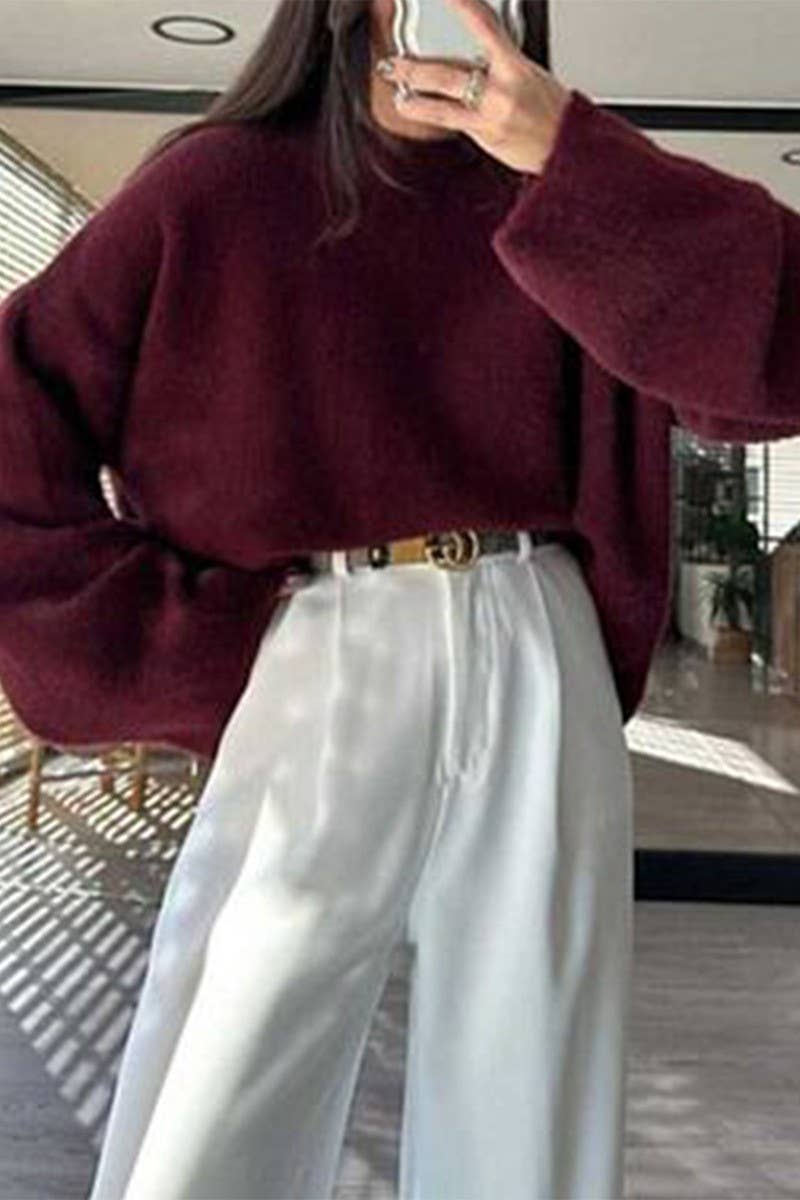 CWOSWL07523_SOLID COLOR LONGSLEEVED KNITTED PULLOVER SWEATER