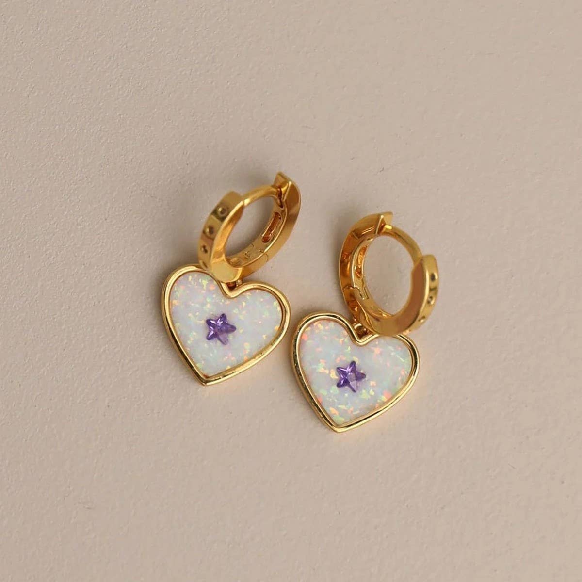 Dopamine Heart Opal Star Crystal Sweet Earrings