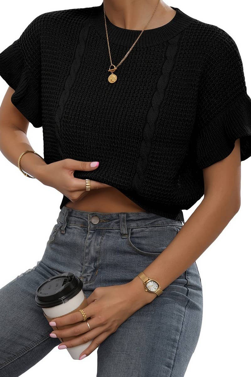 CWOSWS0105_TWISTED RUFFLE SHORT-SLEEVED KNITTED PULLOVER TOP