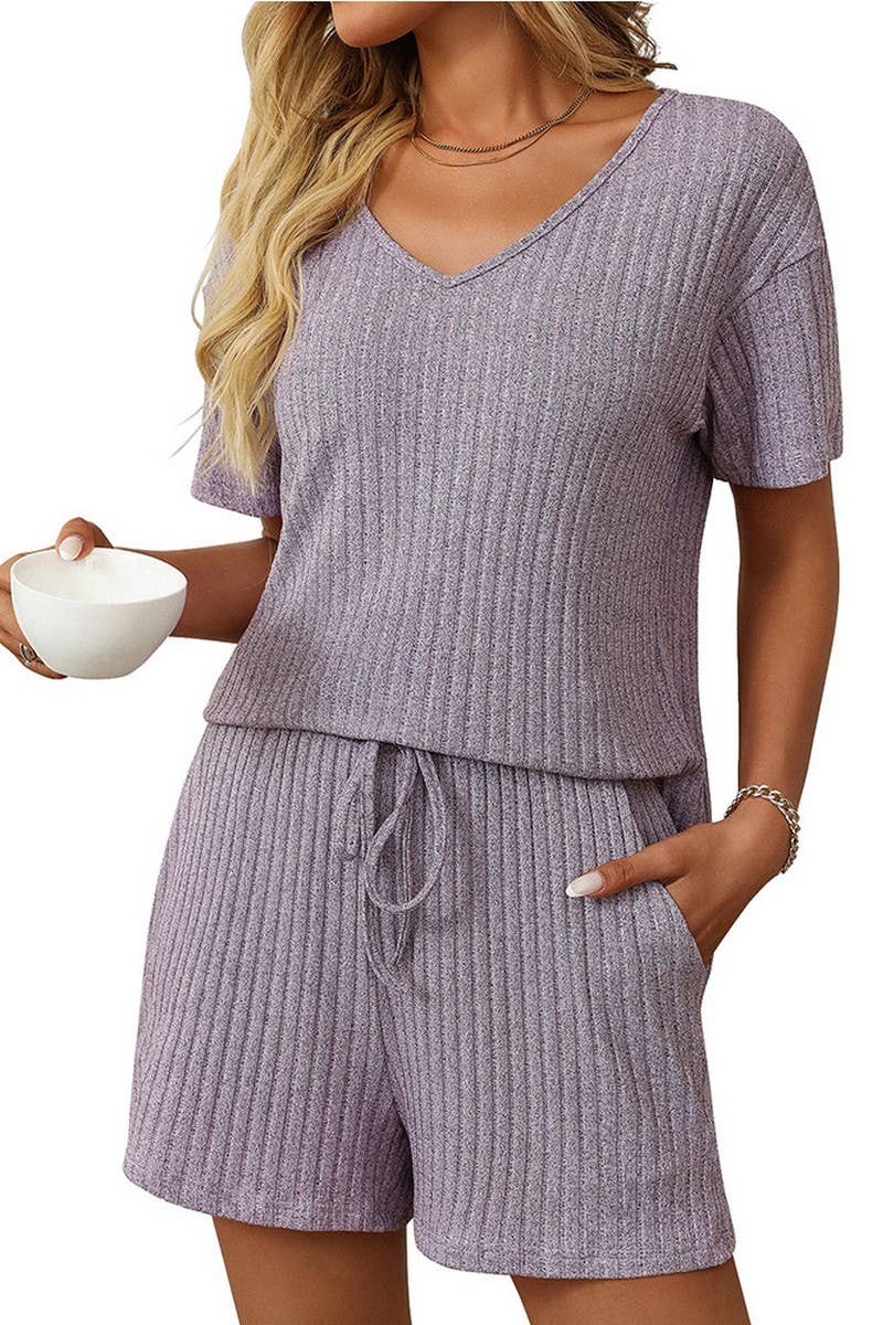 CWSTB1663_SOLID COLOR STRIPED SHORT-SLEEVED HOME WEAR SUIT