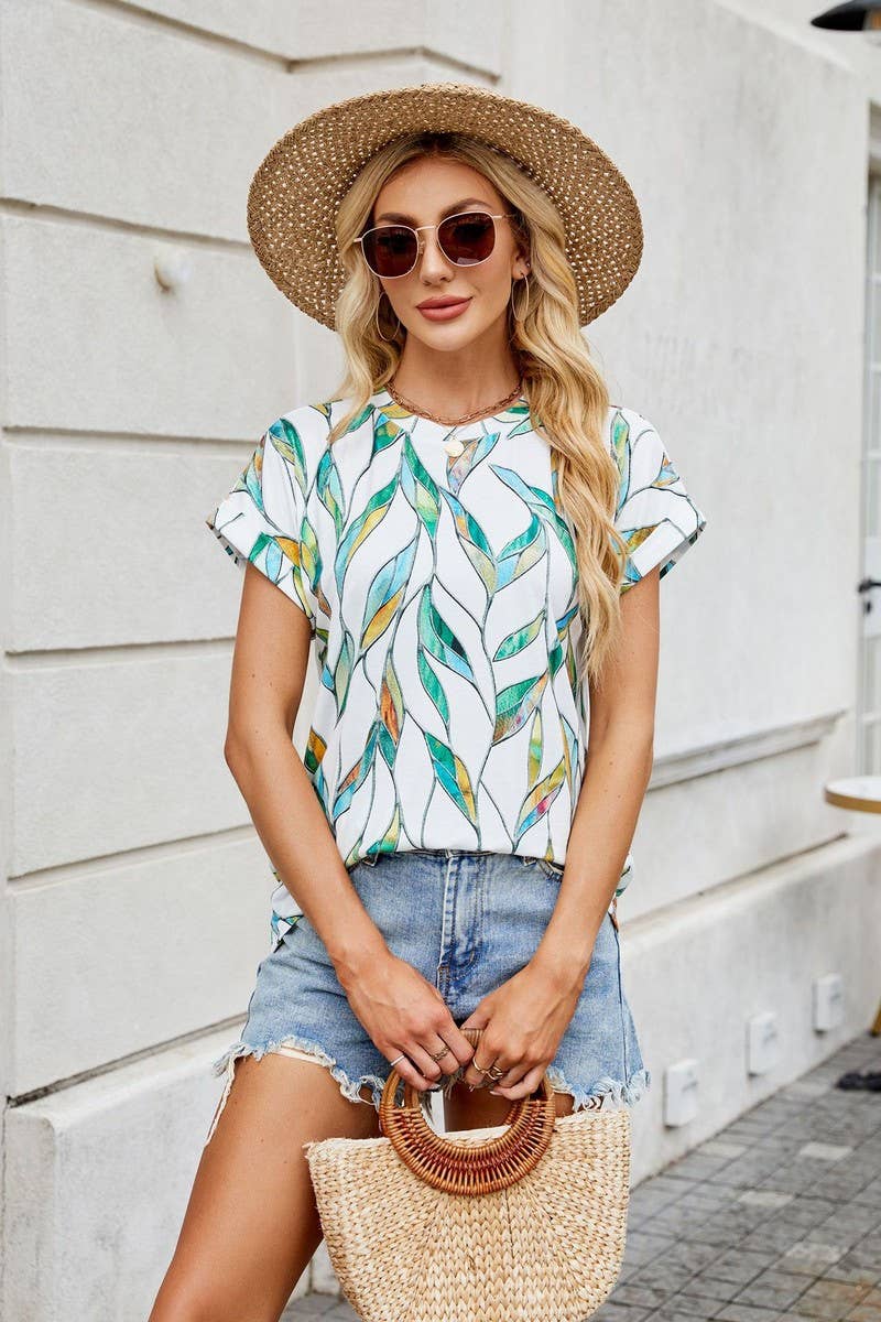 CWTBLS1742_PRINTED CREW NECK LOOSE SHORT SLEEVE T-SHIRT TOP