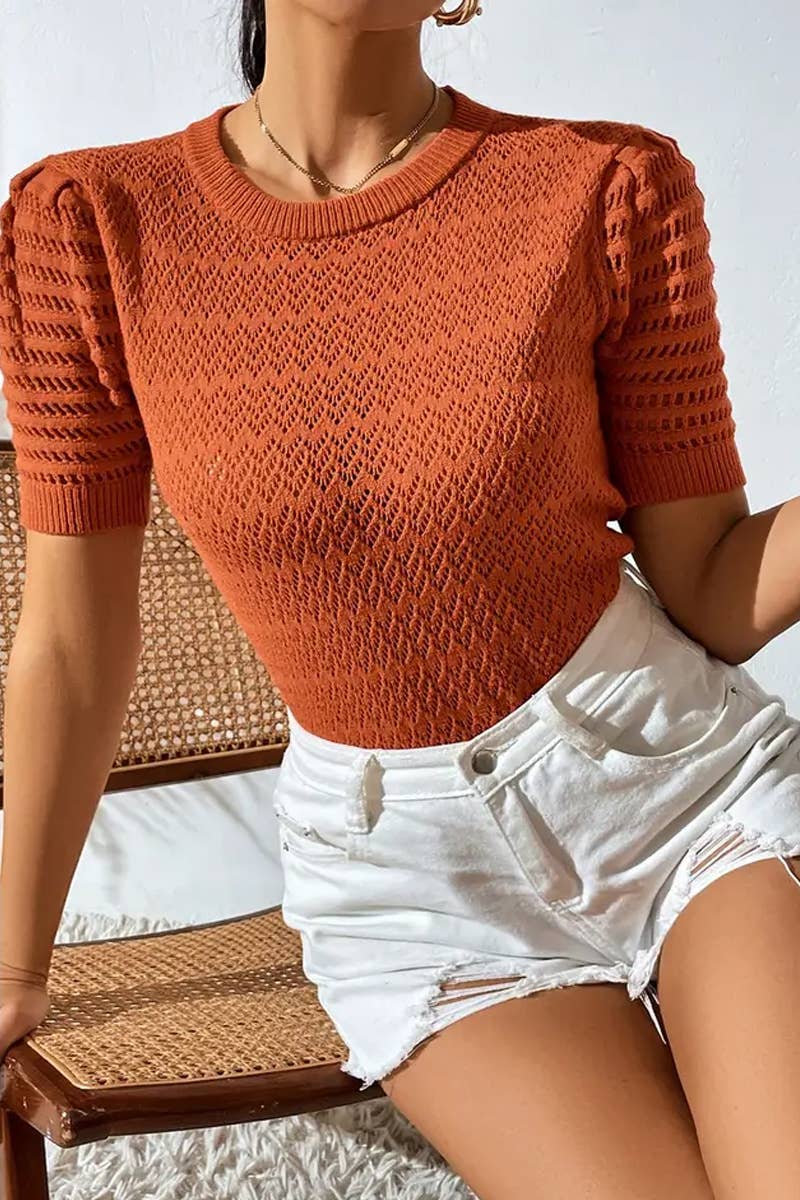 CWTBLS1766_SPRING AND SUMMER HOLLOW SOLID COLOR PULLOVER TOP