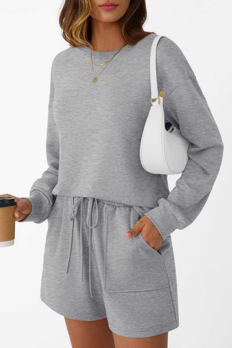 CWSTB00405_CREW NECK LONG SLEEVE SHORTS TWO-PIECE HOODIE SET