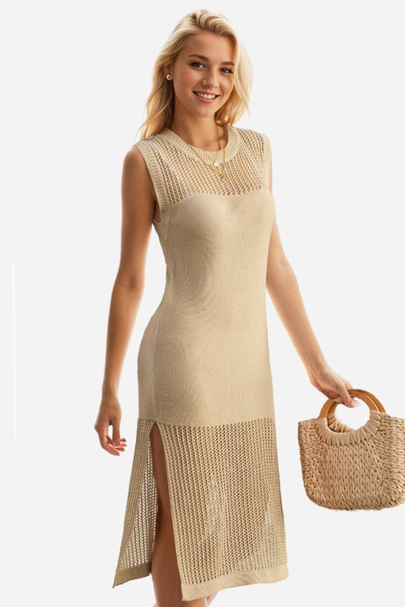 CWDSD3916_KNITTED HOLLOWED-OUT SEE-THROUGH SLEEVELESS DRESS