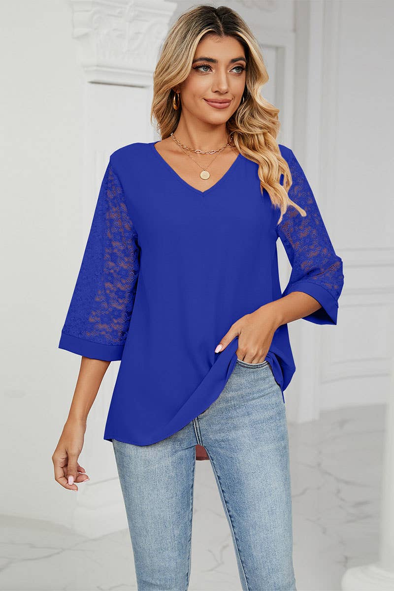 CWTBLS0303_Lace 3/4 Sleeve V-Neck  Blouse