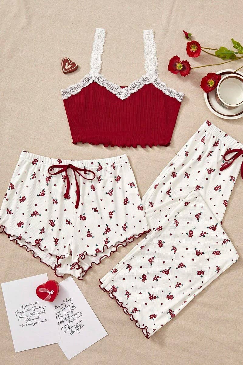 CWSPJ00480_LACE CAMI 3 PIECE SHORTS AND PANTS SET