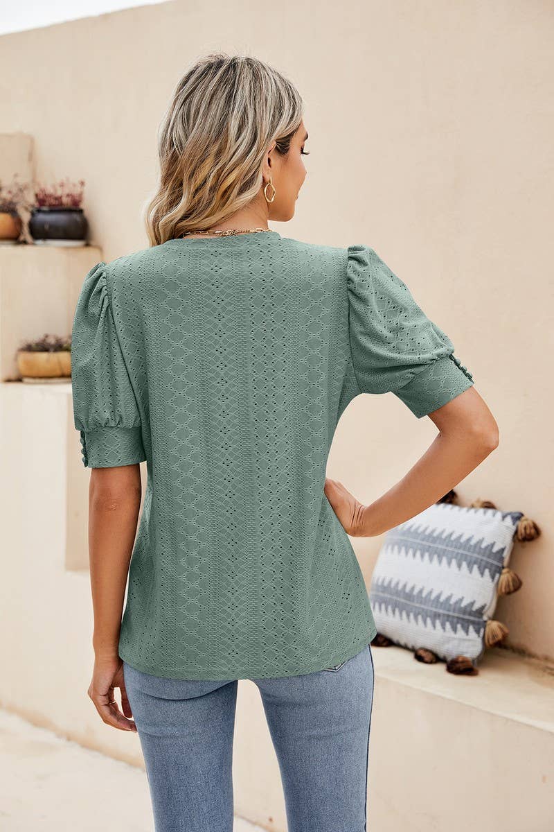 CWTBLS0615_ HOLLOW PUFF SLEEVES SHORT SLEEVED BLOUSE TOP