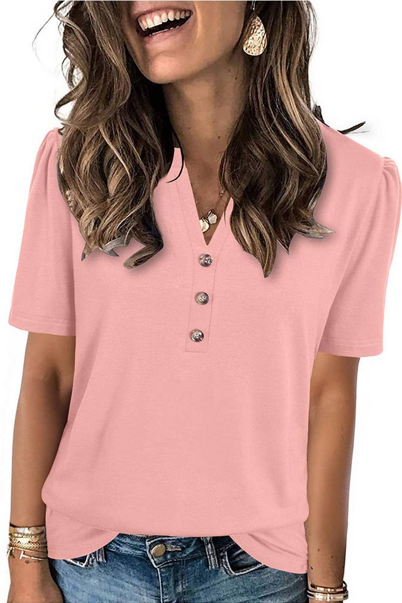 CWTBLS2259_SOLID BUTTON FRONT SHORT SLEEVE T-SHIRT TOP