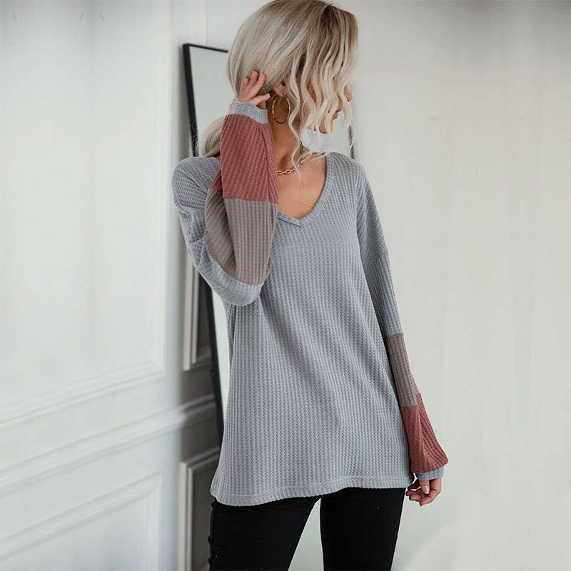 COLOR MATCHING LONG SLEEVE V-NECK SWEATER