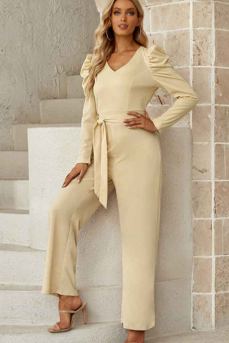 CWSJS1098_V-NECK LONG SLEEVED WAIST ONE-PIECE PANTS