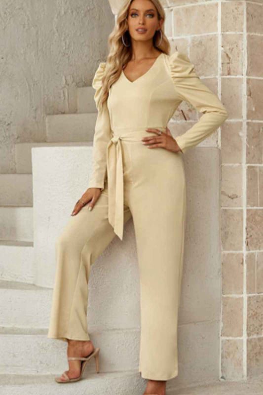 CWSJS1098_V-NECK LONG SLEEVED WAIST ONE-PIECE PANTS
