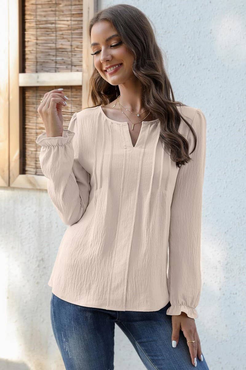 CWTBLL4004_SOLID V-NECK LONG SLEEVE PLEATED CHIFFON BLOUSE