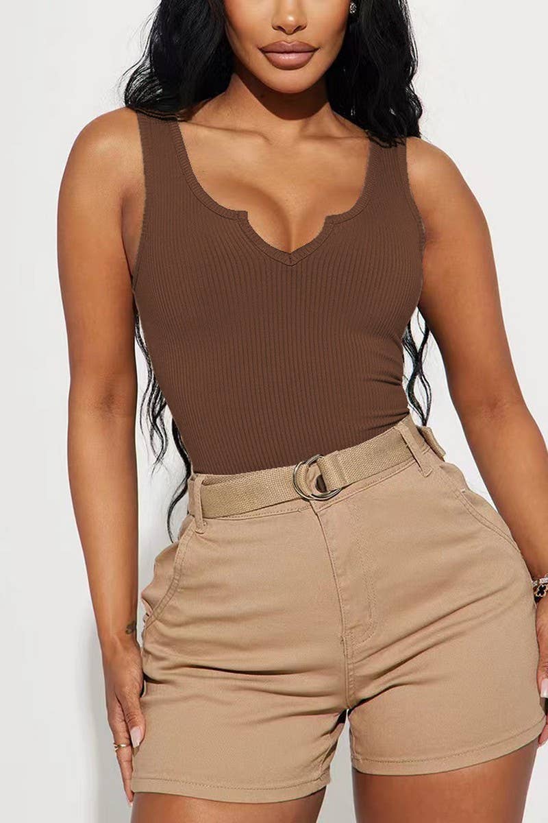 CWSBSSL0118_SOLID COLOR SLIM FIT SMALL V-NECK VEST BODYSUIT