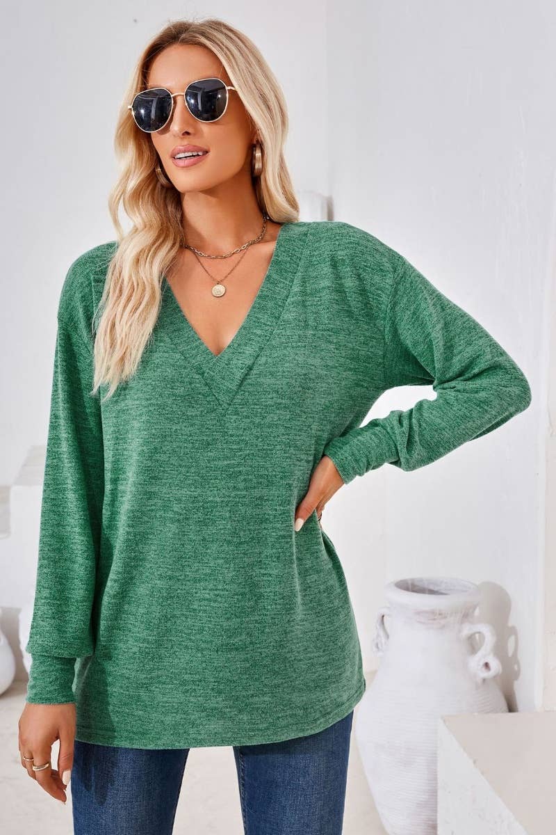 CWTBLL2685_AUTUMN V-NECK LONG SLEEVE SOLID COLOR TOP