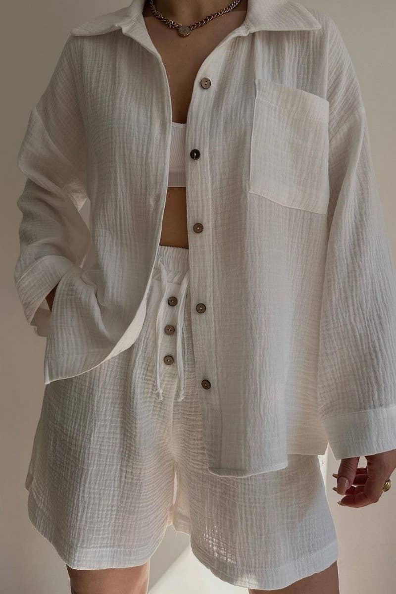 CWSTB1358_LAPEL SHIRT DRAWSTRING SHORTS TWO-PIECE SET