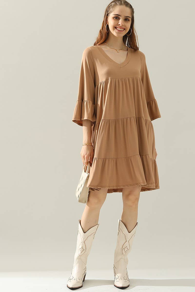 CWDSD10412_V NECK 3 TIERED RUFFLE DRESS WITH RUFFLE SLEEVE