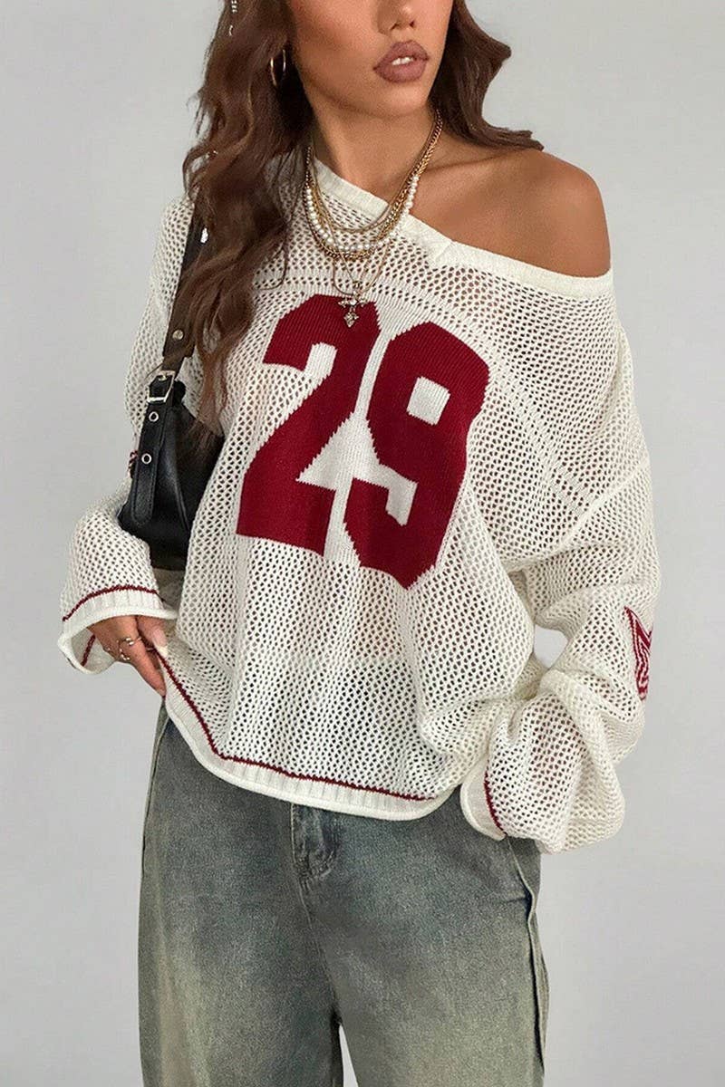 CWOSWL07739_2025 STREETWEAR NUMBER PRINT V NECK KNIT SWEATER