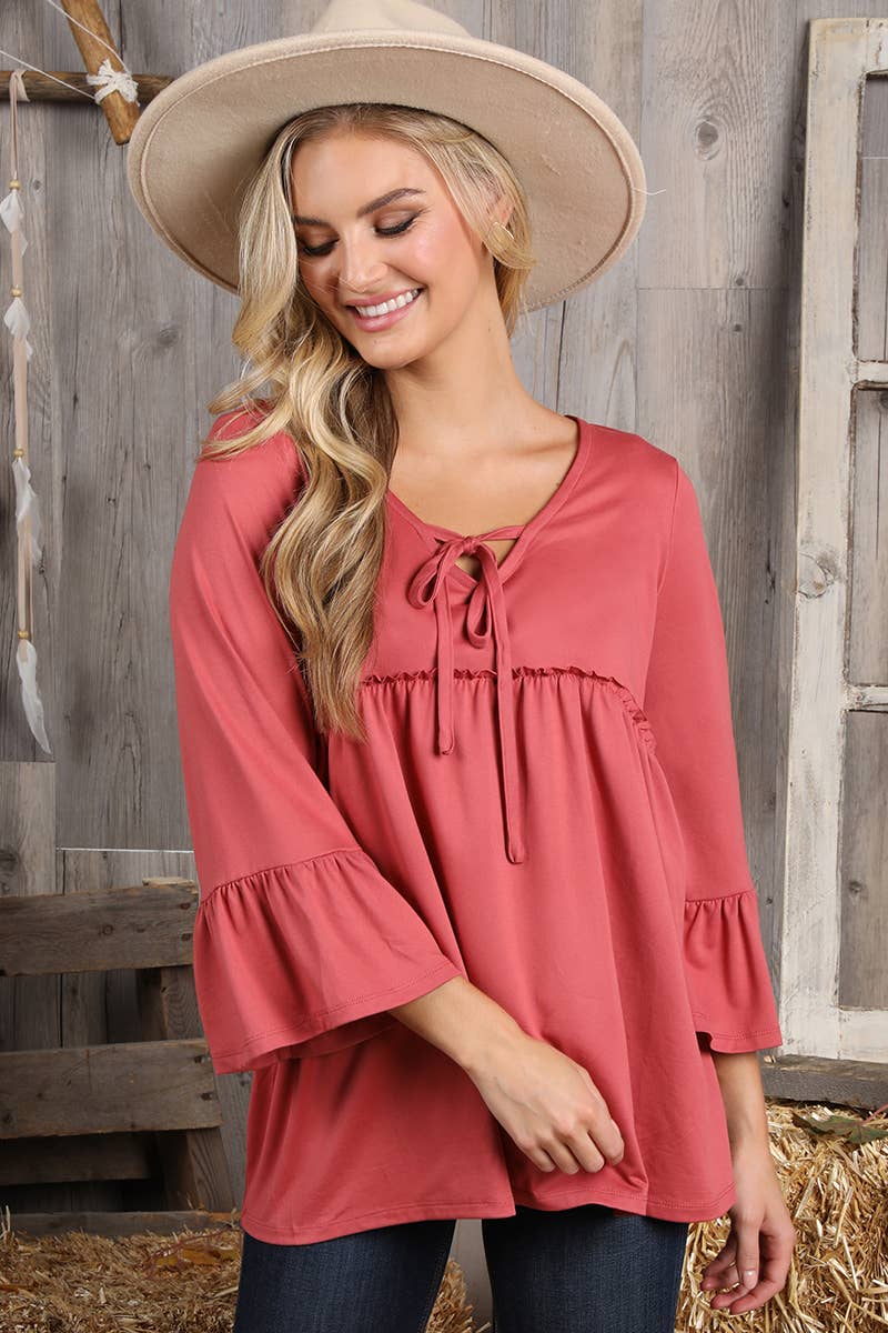 CWTTL1401_3/4 SLEEVE WITH NECK STRING DETAILED TOP
