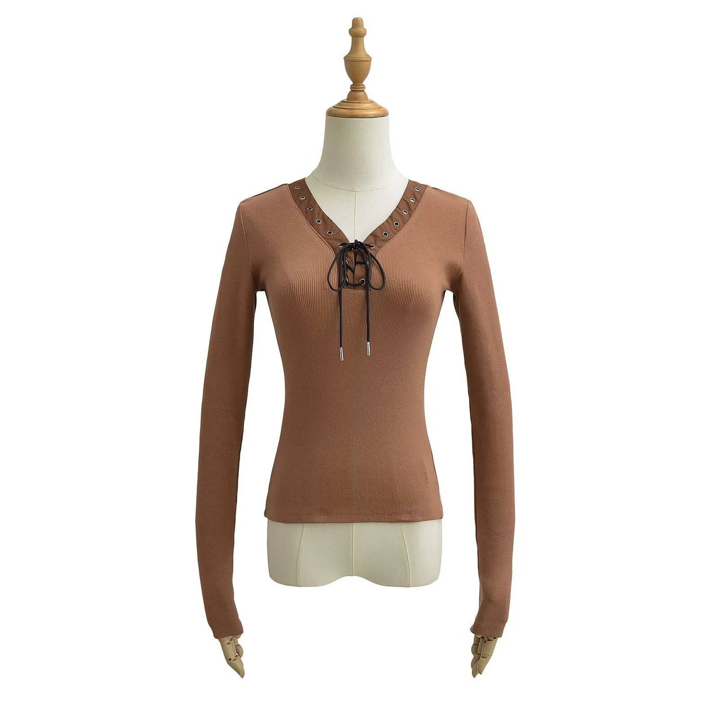 Elastic long-sleeved V-neck lace-up slim T-shirt