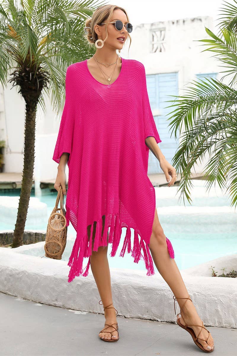 CWOSWS0029_ Long Slv V-Neck Pullover Fringe Tassel Sweater