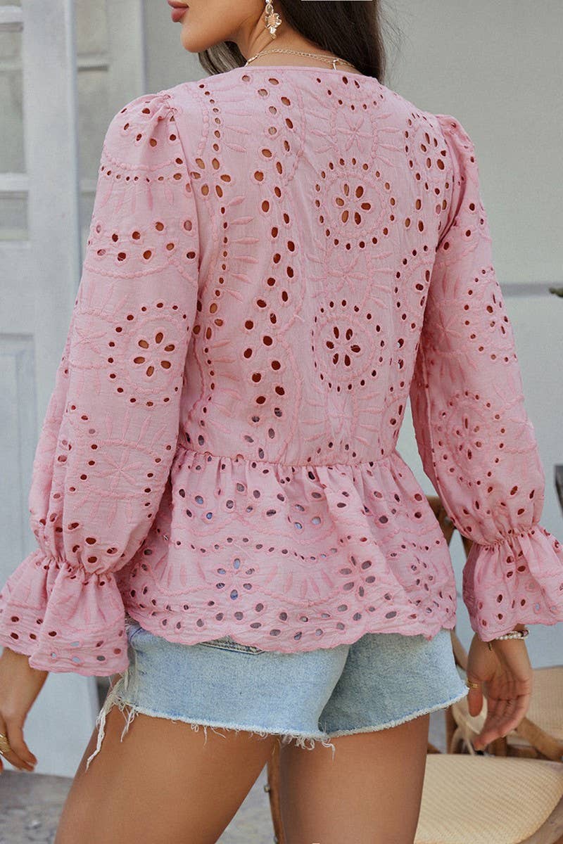 CWTBLL3595_LOOSE TIE SOLID COLOR HOLLOW TOP SHIRT