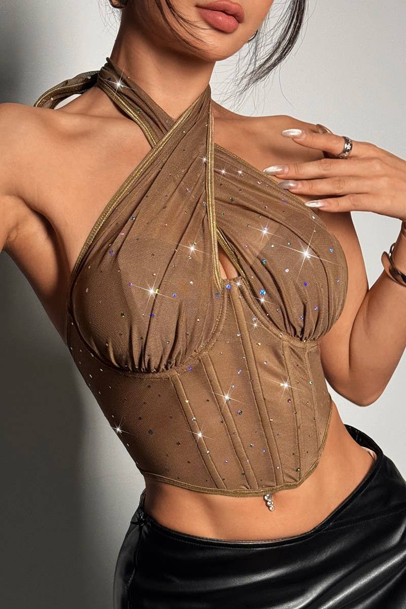 CWTHT0163_DIAMOND-PATTERNED MESH HALTER TOP