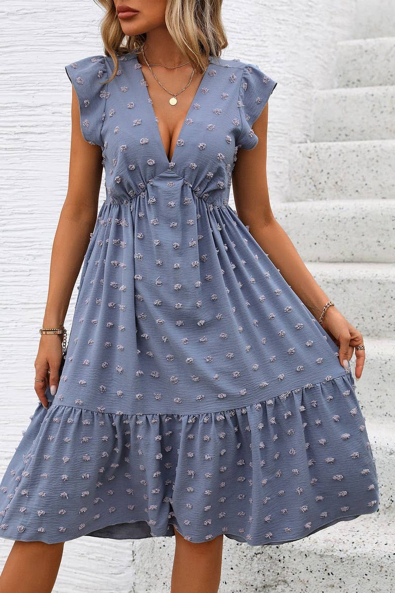 CWDMD1924_DEEP V-NECK SHORT SLEEVES JACQUARD MIDI DRESS