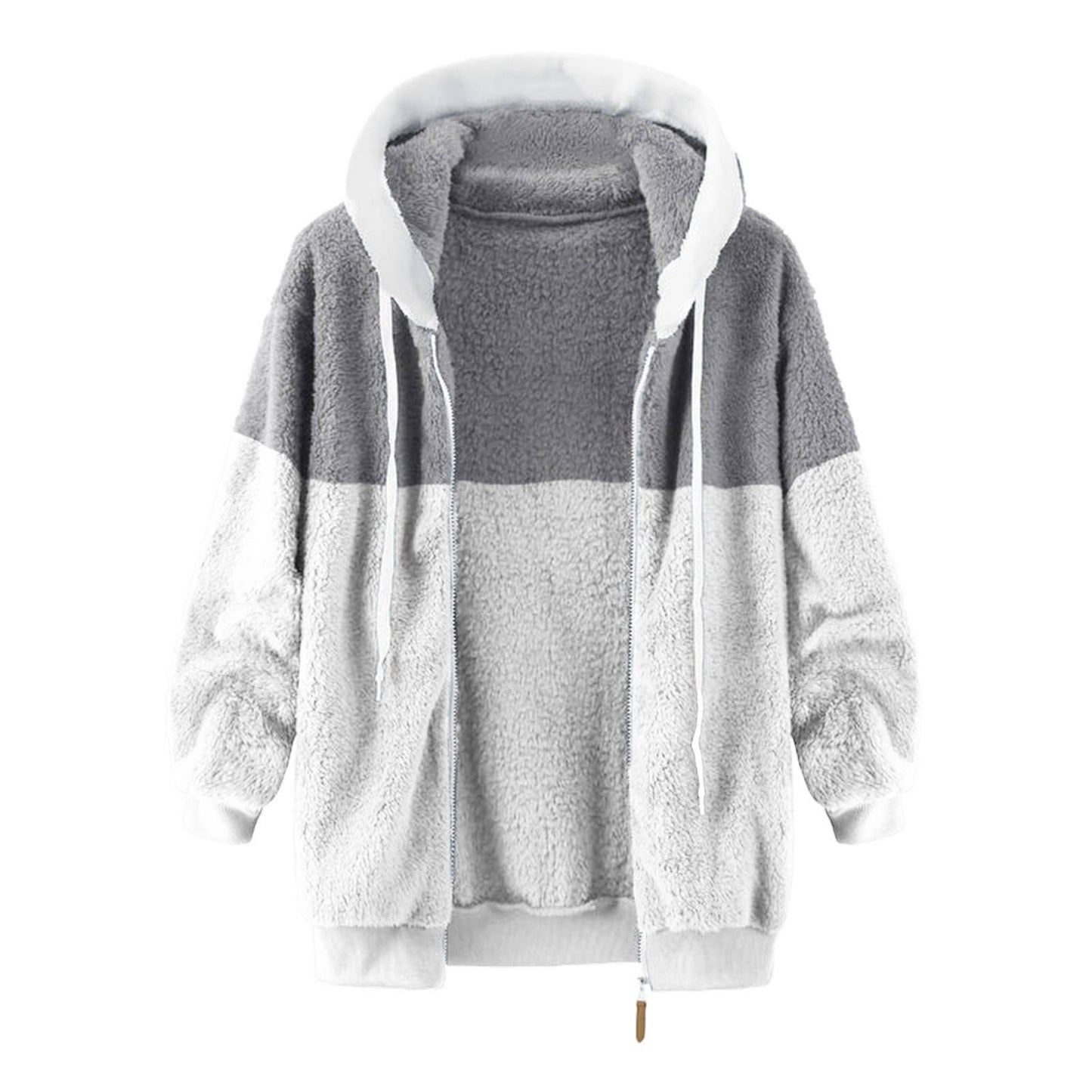 Fleece patchwork zipper pocket hooded loose jacket