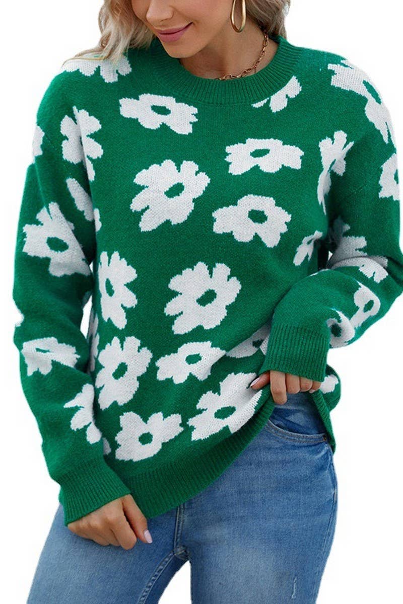 CWOSWL2938_CREW NECK PULLOVER FLORAL KNITTED SWEATER