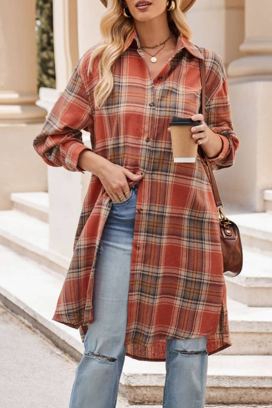 CWTSTL2182_AUTUMN WINTER PLAID LONG SLEEVE SHIRT LONG STYLE