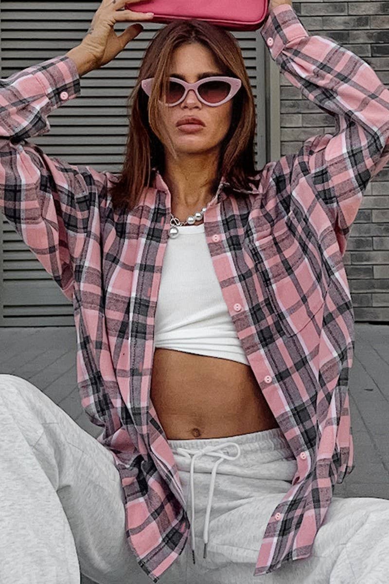 CWTBLL00629_PINK GIRLISH PLAID LOOSE LONG-SLEEVED SHIRT