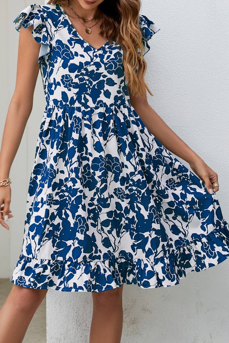 CWDSD2699_V-Neck Ruffle Sleeve Floral Print Dresses