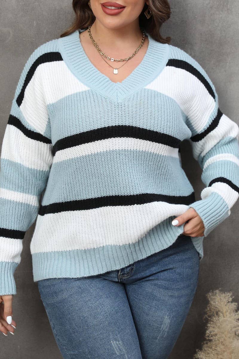 CWOSWL1583_PLUS Size V-Neck Long Sleeve Pullover Sweater