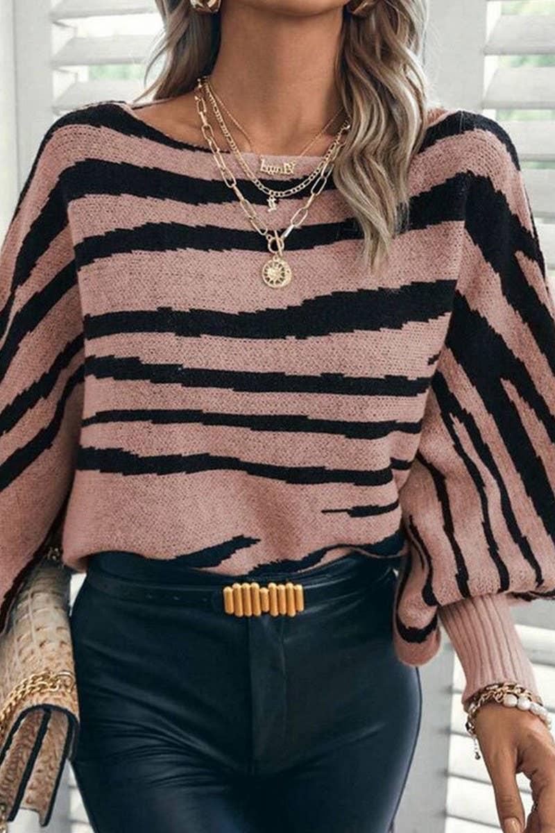 CWOSWL07306_LOOSE ZEBRA COLORBLOCK OFF-SHOULDER BATWING TOP