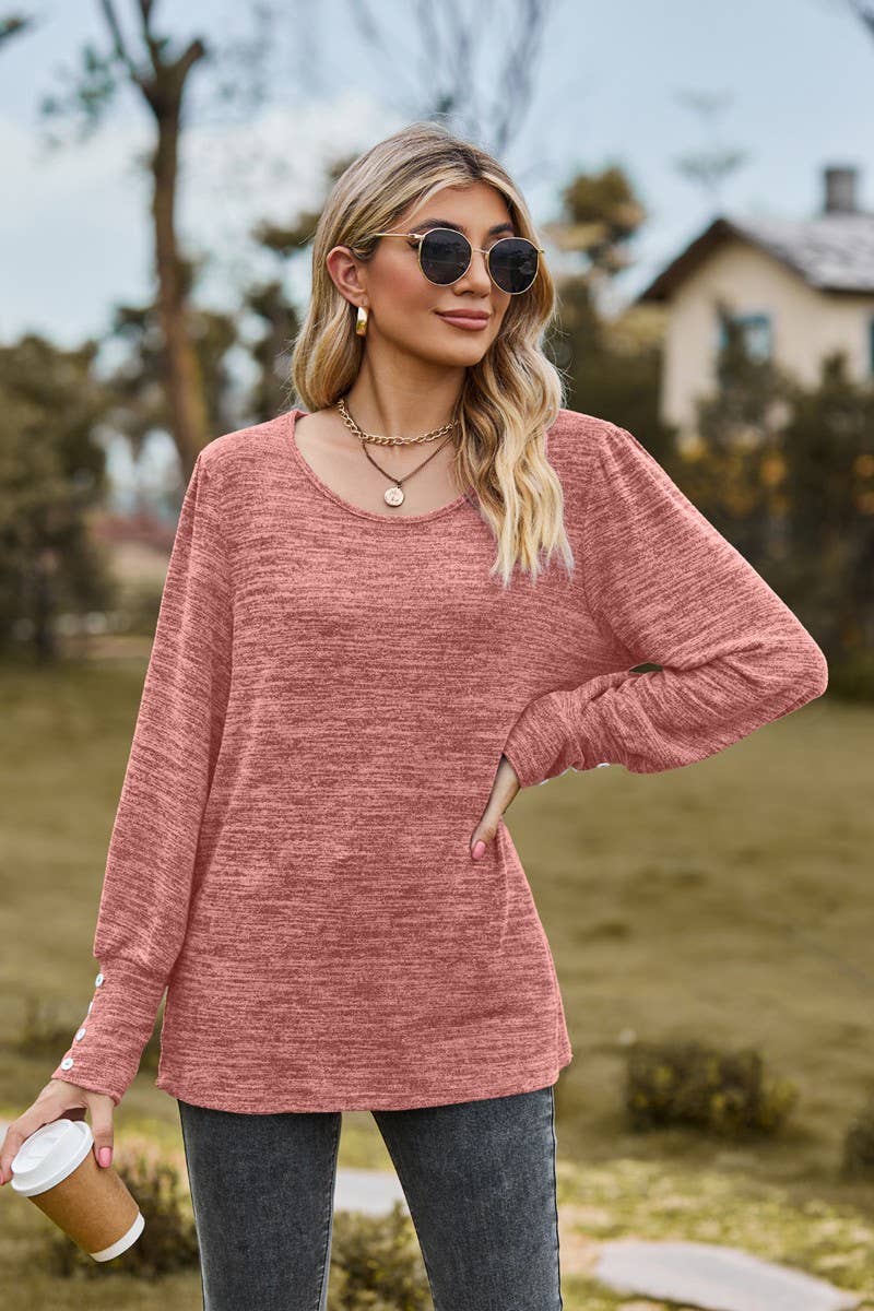 CWTBLL3688_SOLID COLOR ROUND NECK LOOSE CASUAL LONG SLEEVE T
