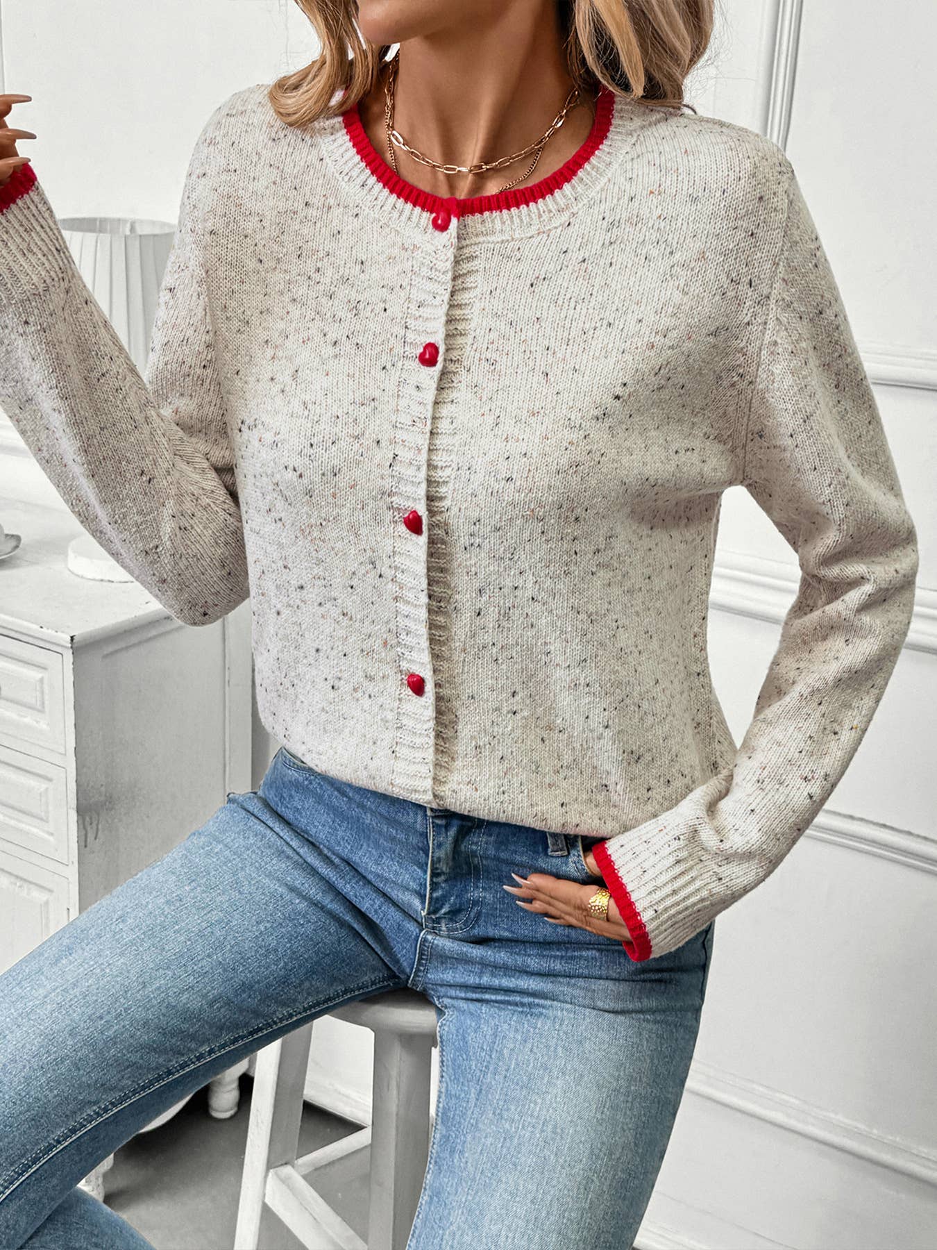Casual color-blocking elegant knitted cardigan