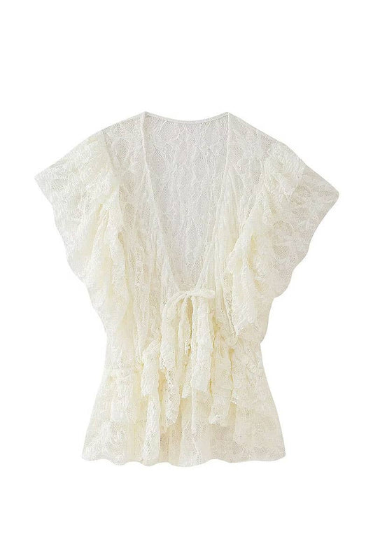 CWTTSL0361V-NECK FASHIONABLE BOW LACE TOP