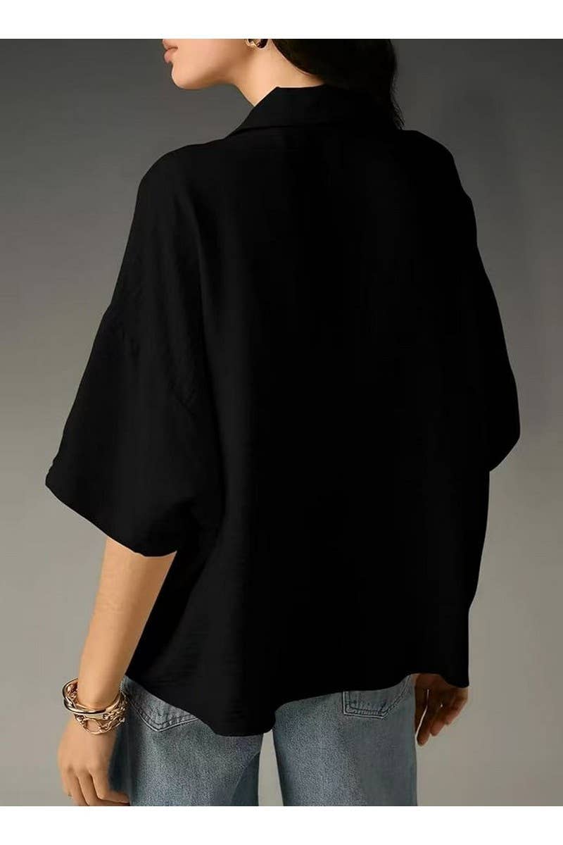 CWTBLS02500_2025SUMMER WOMEN POLO COLLAR SHORT SLEEVE BLOUSE