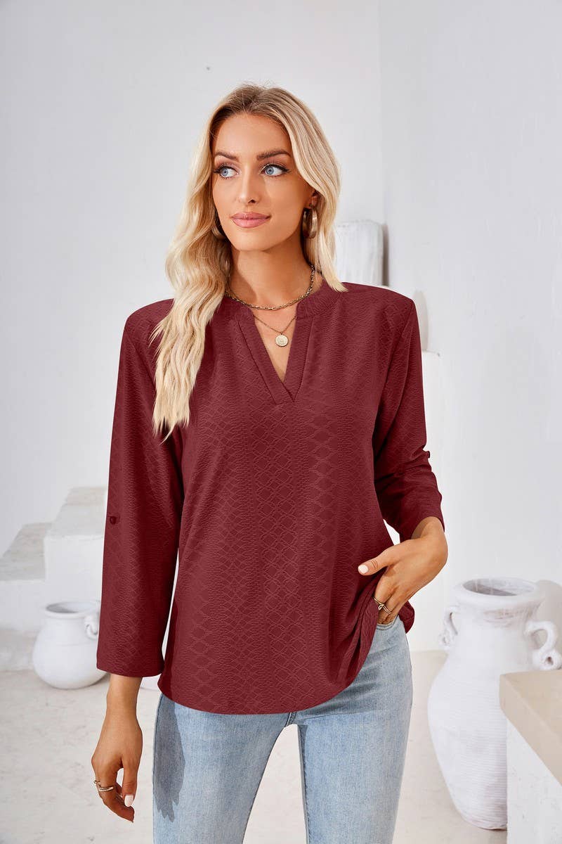 CWTSTL0856_V-neck Pullover Long Sleeve Top
