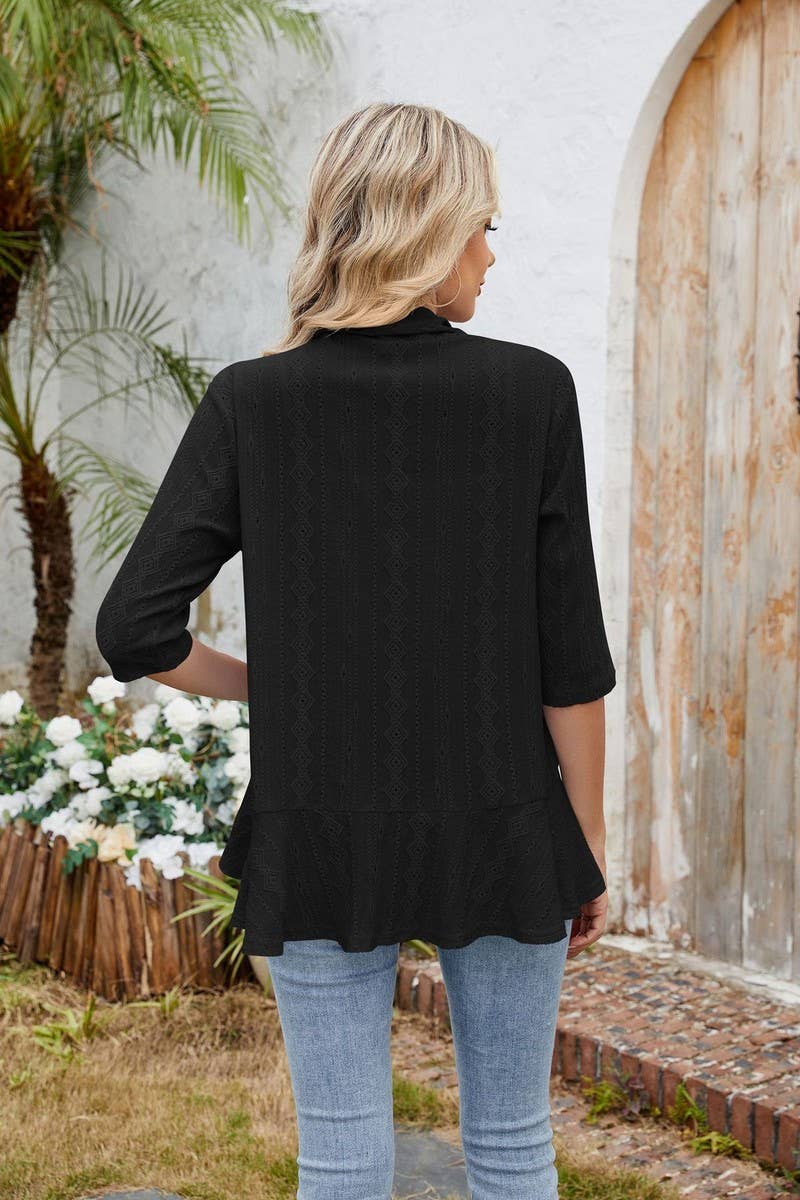 CWOCO1162_SOLID COLOR 3/4 SLEEVE RUFFLED CARDIGAN