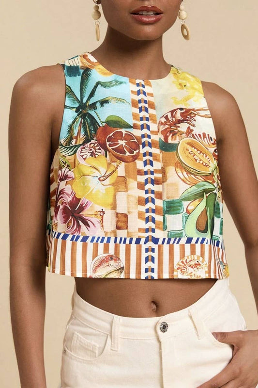 CWTBLSL01043_RESORT PRINT SLEEVELESS CROPPED SLIM TANK TOP