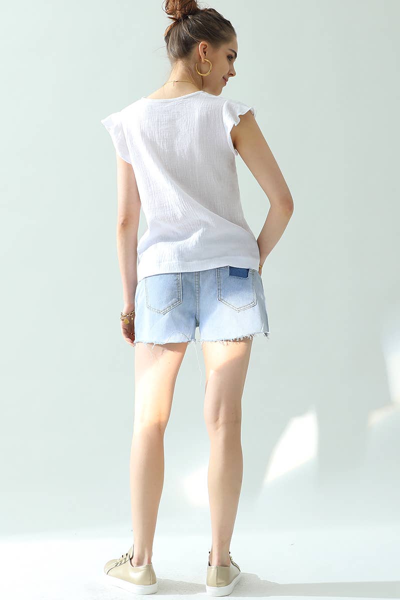 CWTTS688_V NECK BUTTERFLY RUFFLE TUNIC TOP