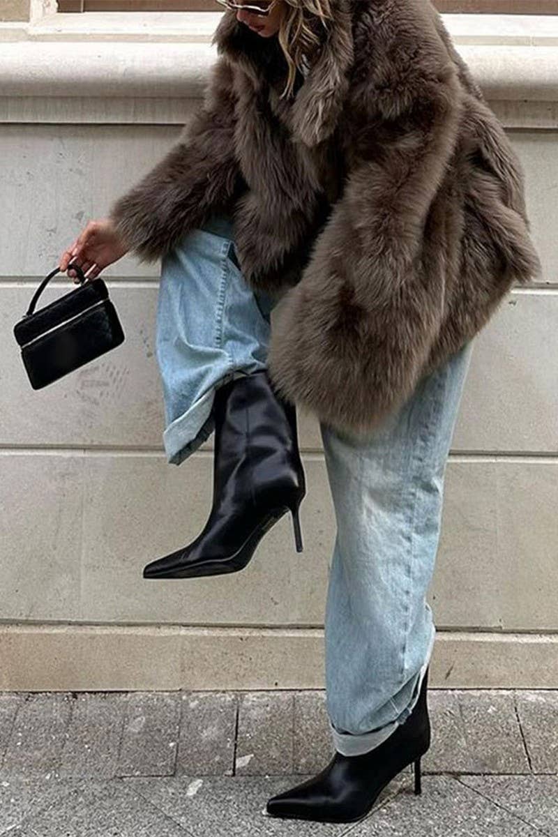 CWOCO0966_BROWN LAPEL PLUSH LOOSE FUR COAT