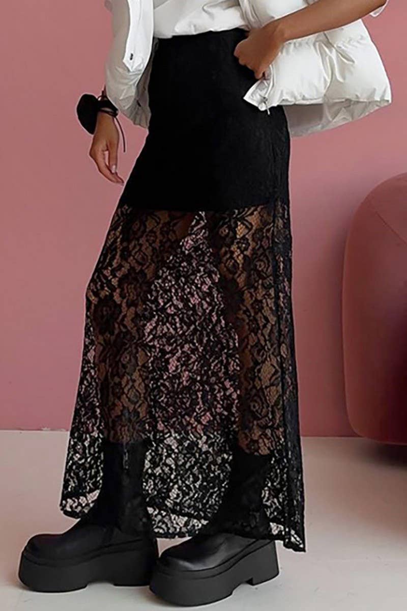 CWBLS142_SEXY JACQUARD SEE-THROUGH LACE HOLLOW SKIRT
